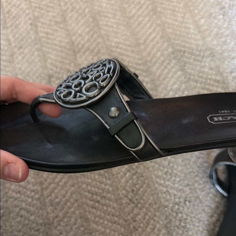 COACH Black Leather Toe-Ring Sandals with Logo Medallion - Picture 2 of 9